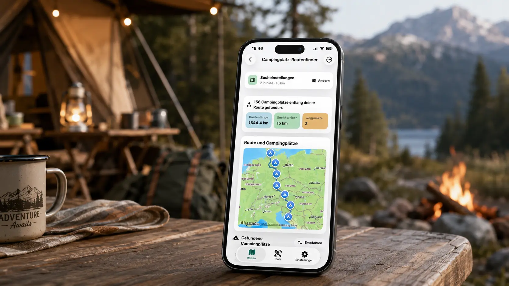 Caravanios App mit Campingplatz-Routenfinder auf einem Smartphone