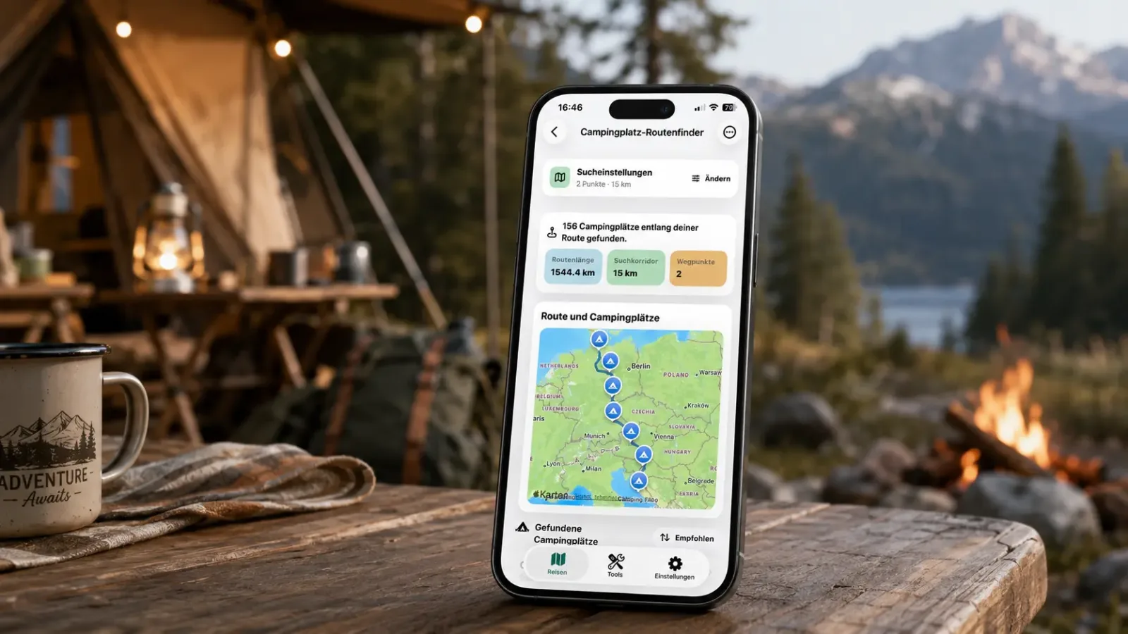 Caravanios App auf dem Handy mit Karte und Campingplätzen entlang der Route