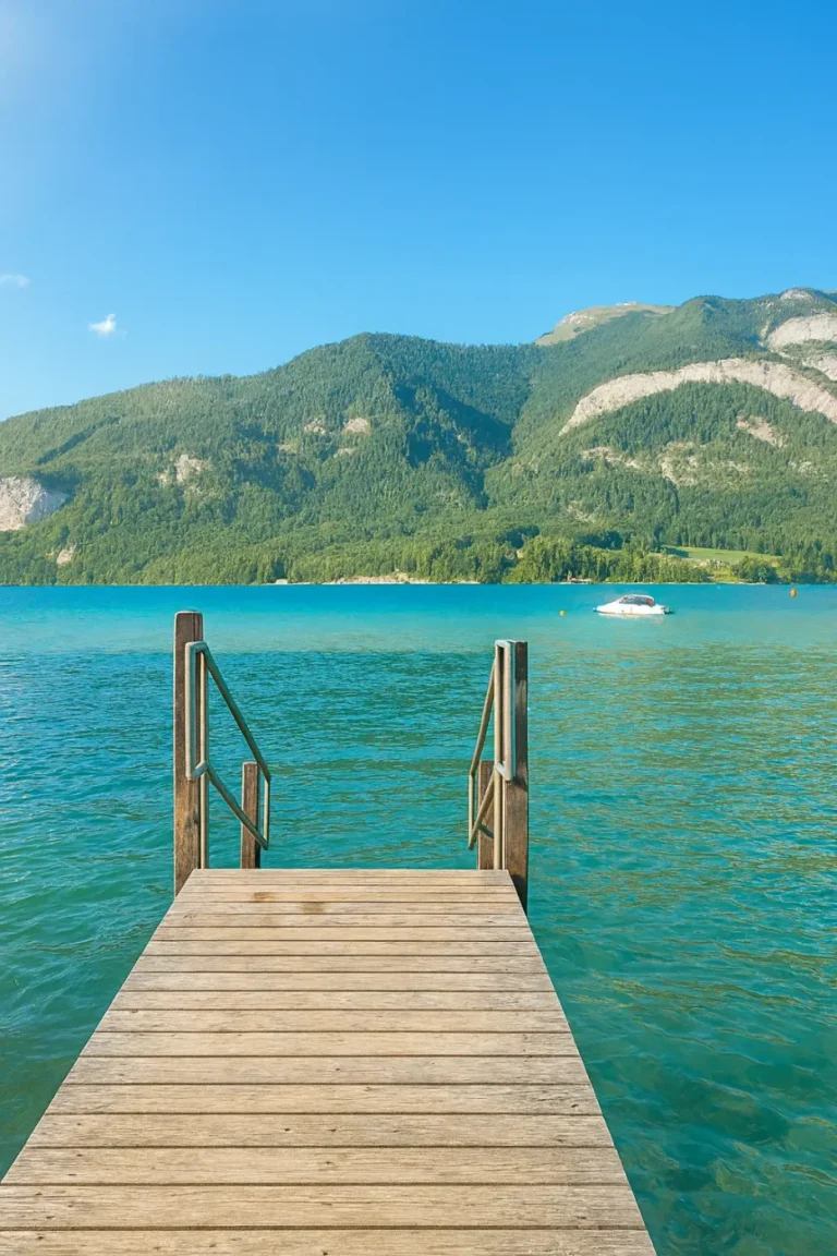 Holzsteg in türkisblauen See, dahinter bewaldete Berge und ein Boot – Kulisse für außergewöhnliche Campingplätze in Österreich.