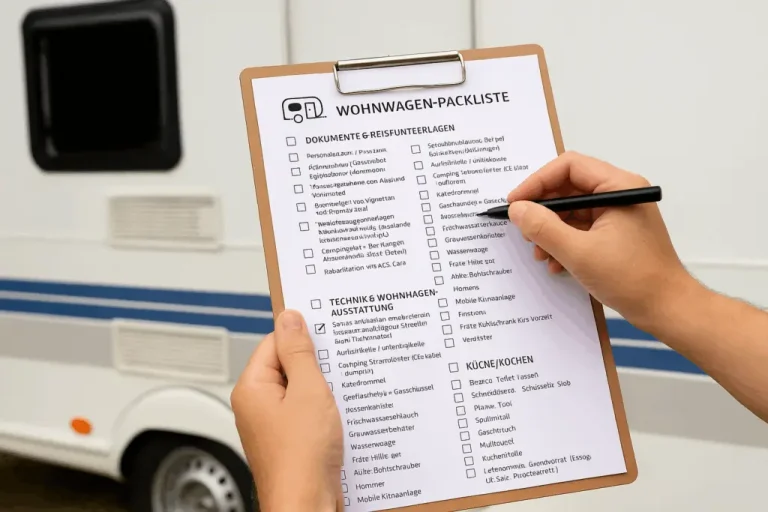 Wohnwagen Packliste und Wohnwagen Must-Haves als übersichtliche Checkliste: Technik, Küche, Komfort – ideal zum Abhaken vor der Abfahrt