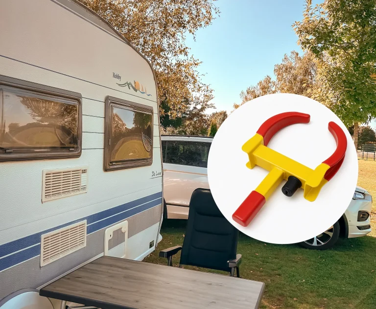 Radkralle am Wohnwagen als Diebstahlsicherung