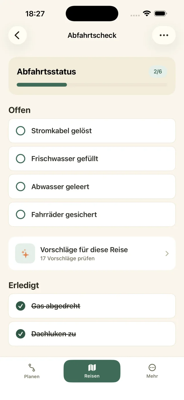 Screenshot der Abfahrtscheck-Liste in der Caravanios Camping App