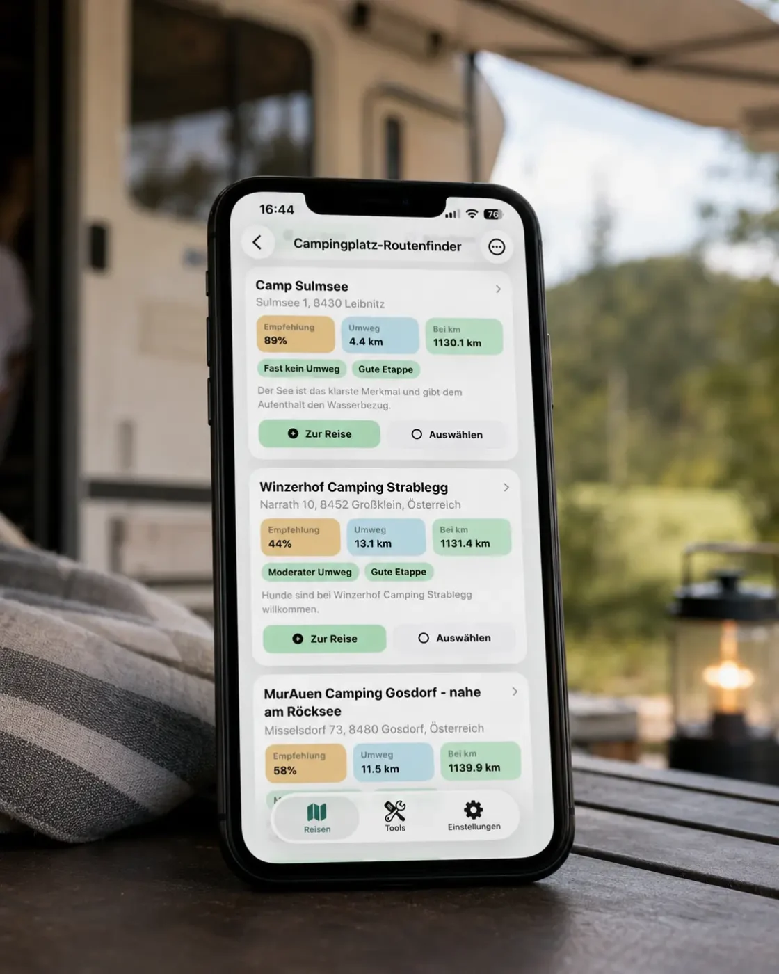 Caravanios Camping App - Liste der Campingplätze an der Route