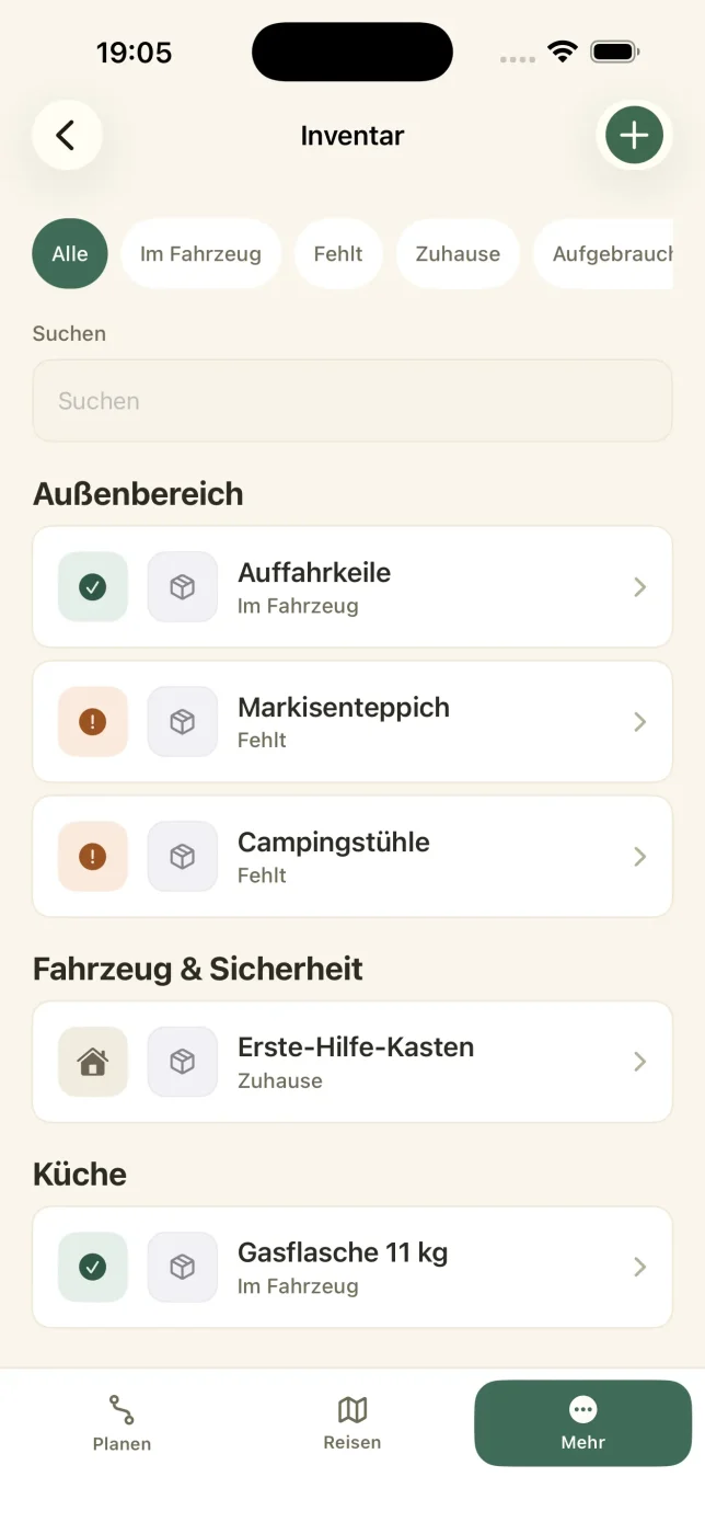 Screenshot der Abfahrtscheckliste in der Caravanios Camping App
