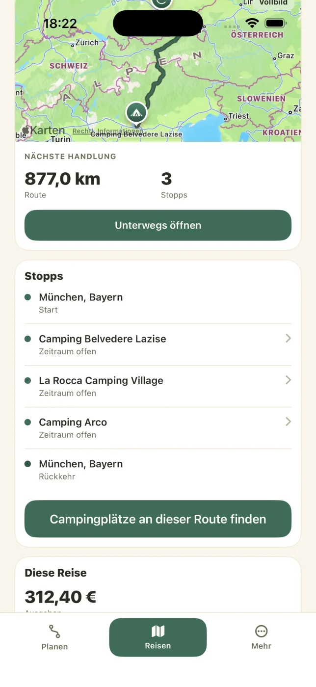 Screenshot der Reiseübersicht in der Caravanios Camping App