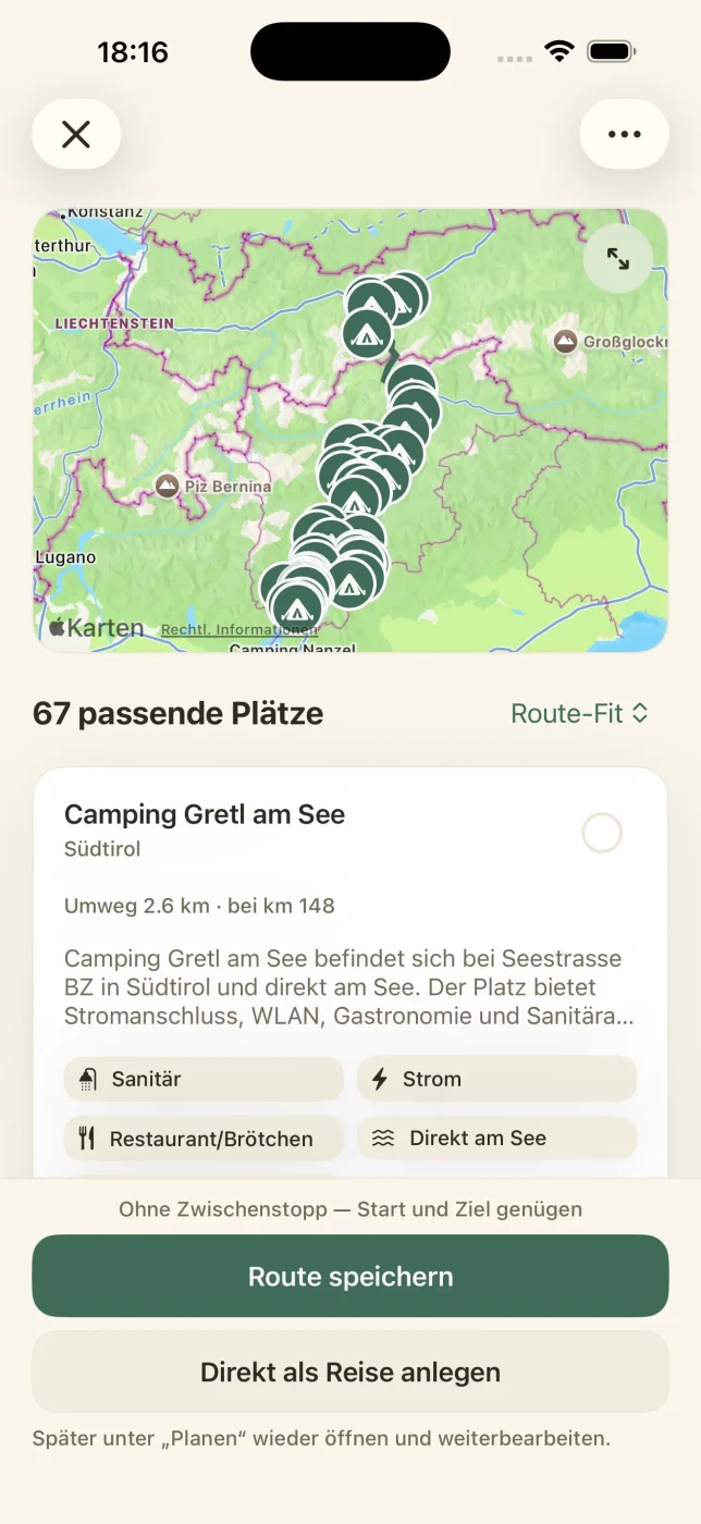 Screenshot aus der Caravanios Camping App: Routenfinder-Ergebnisse