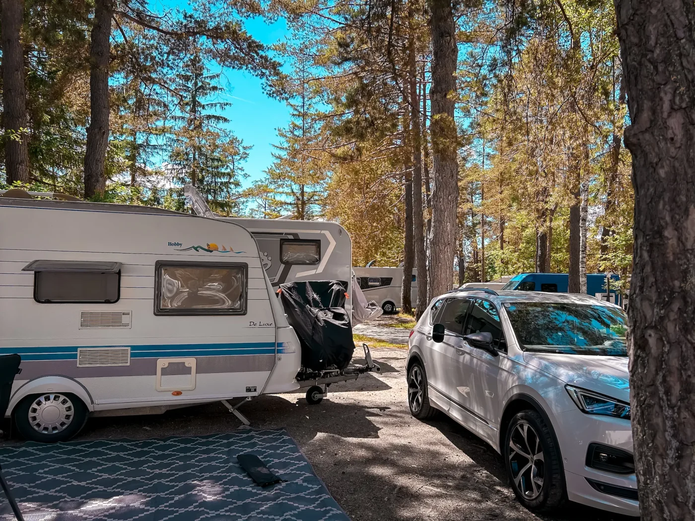 ohnwagen und Auto auf einem schattigen Stellplatz zwischen hohen Bäumen am Strandcamping Gruber
